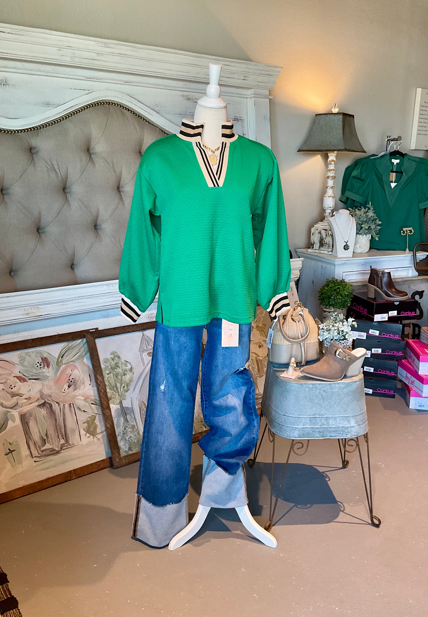 Kelly Green Color Rib Band Accent Textured Top