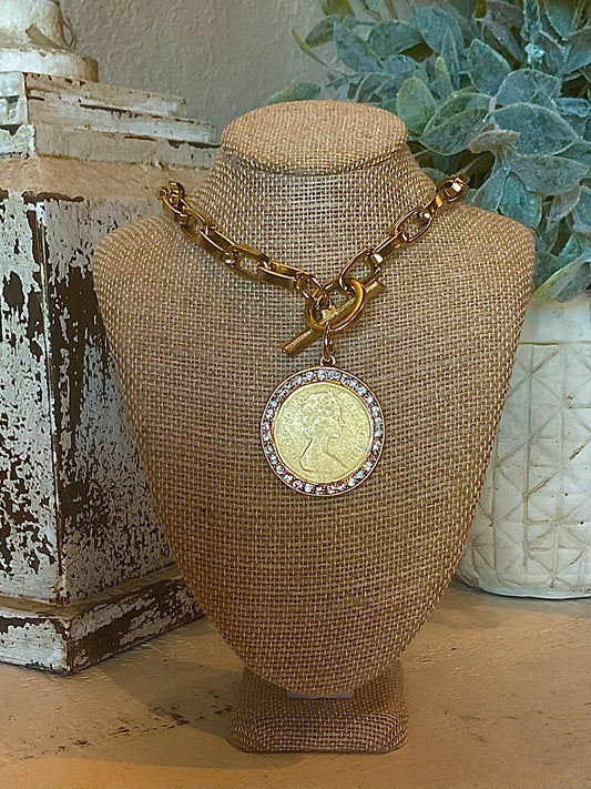YO05 Gold Victorian Coin Necklace Surrounded by Diamonds on a Gold Chain