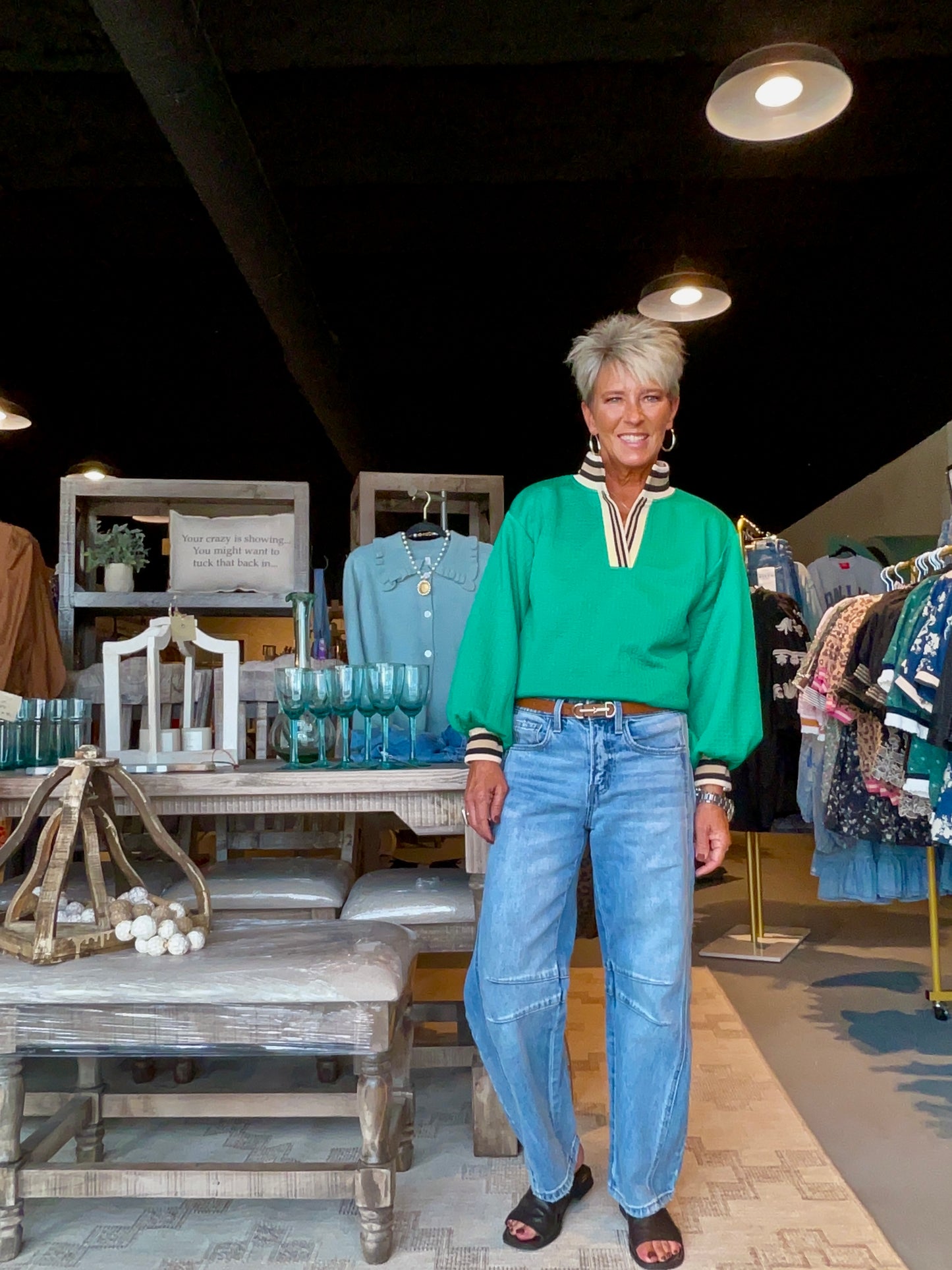 Kelly Green Color Rib Band Accent Textured Top