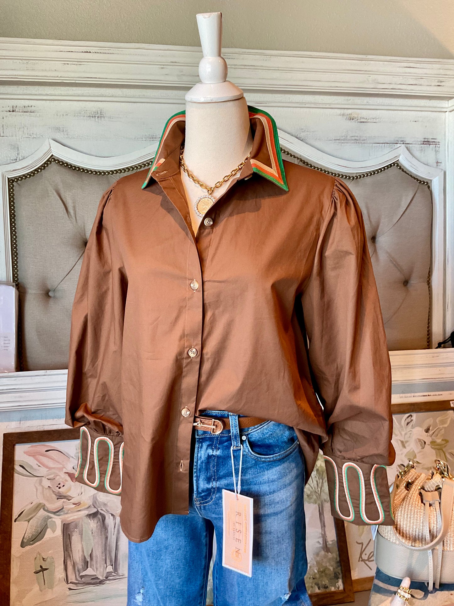 Brown Multi Trim Button down Top