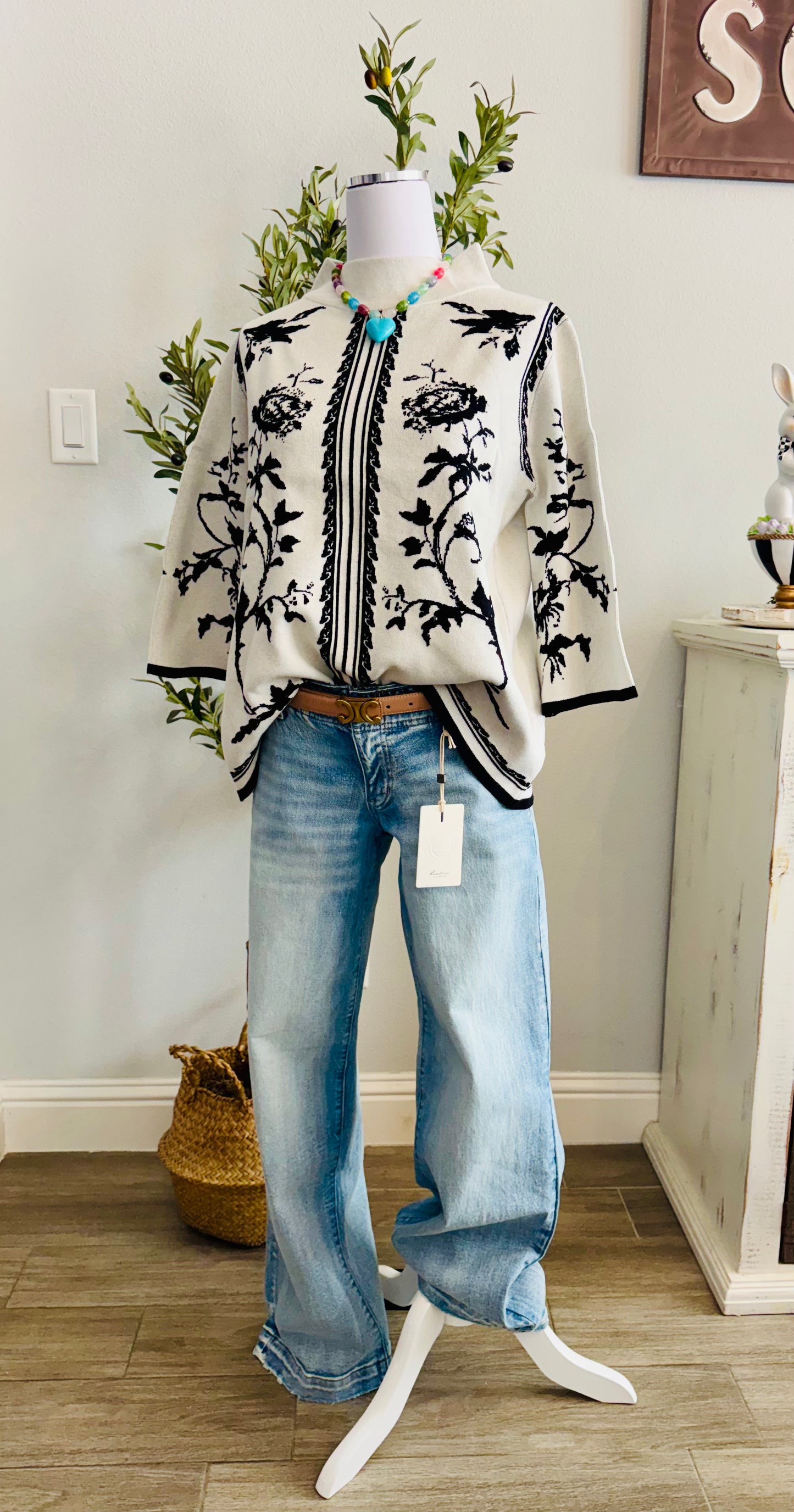 Pattern Jacquard Knit Mock Neck Sweater