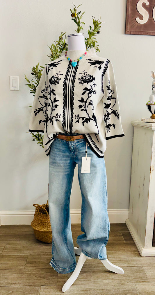 Pattern Jacquard Knit Mock Neck Sweater
