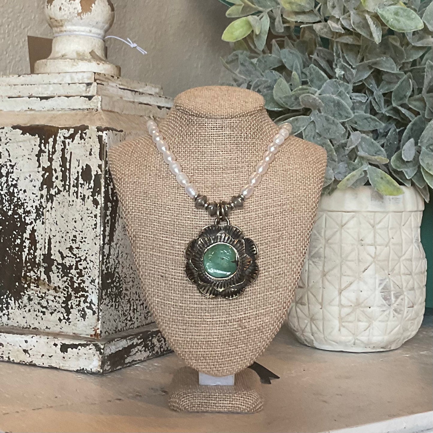 WJ01 Turquoise and Pearl Silver Blossom Necklace