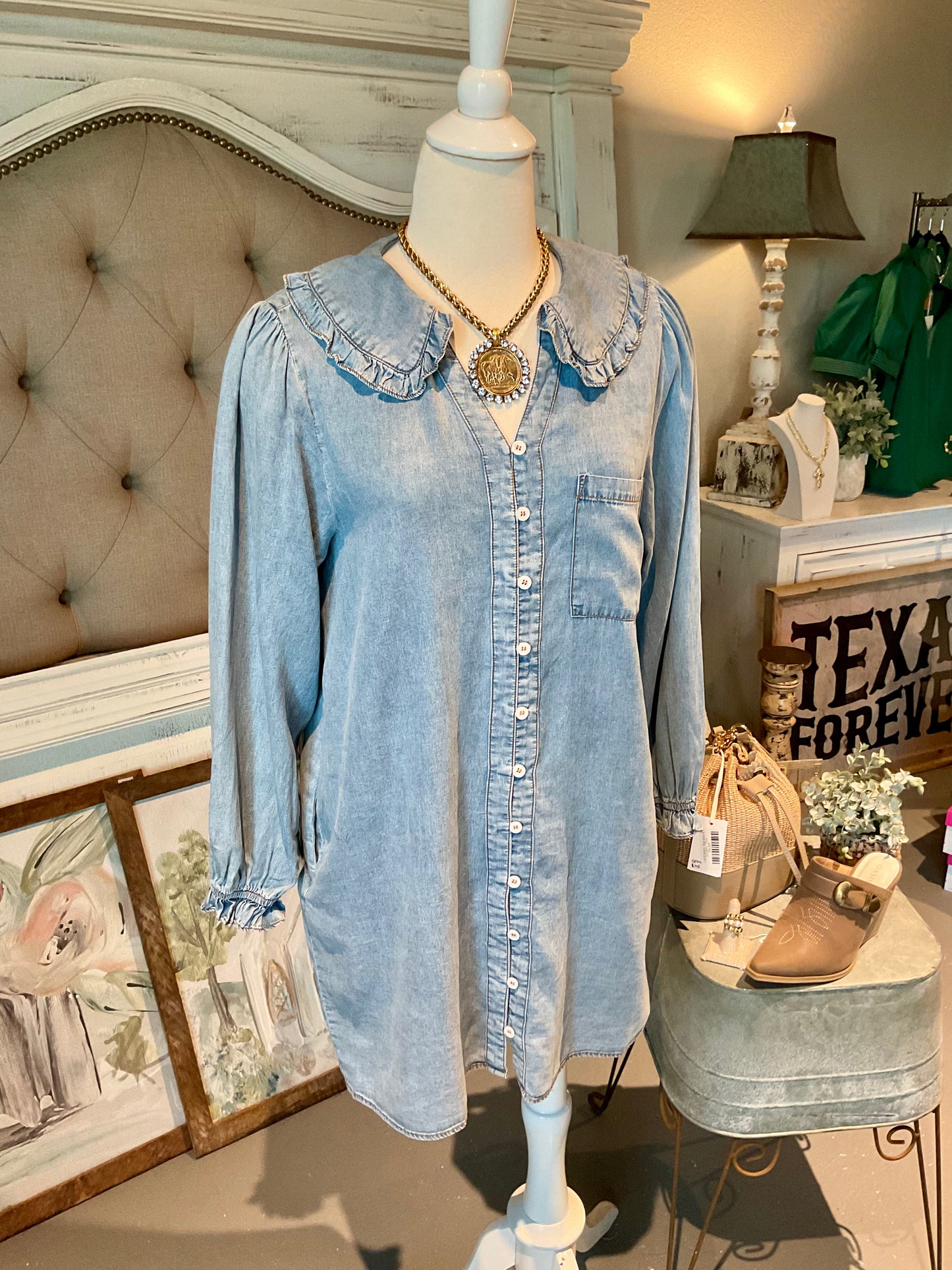 Snow Washed Collared Button Down Dress