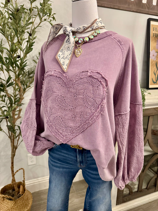 Dusty Lilac Eyelet Lace Appliqué Detailed Mineral Washed Top
