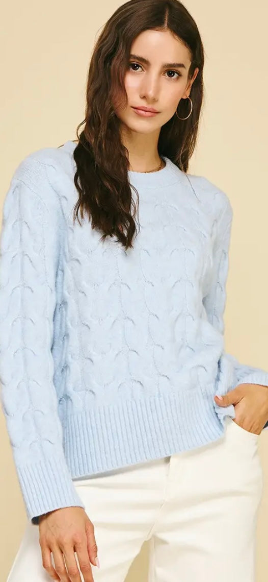 Baby Blue Cable Knit Crew Neck Sweater