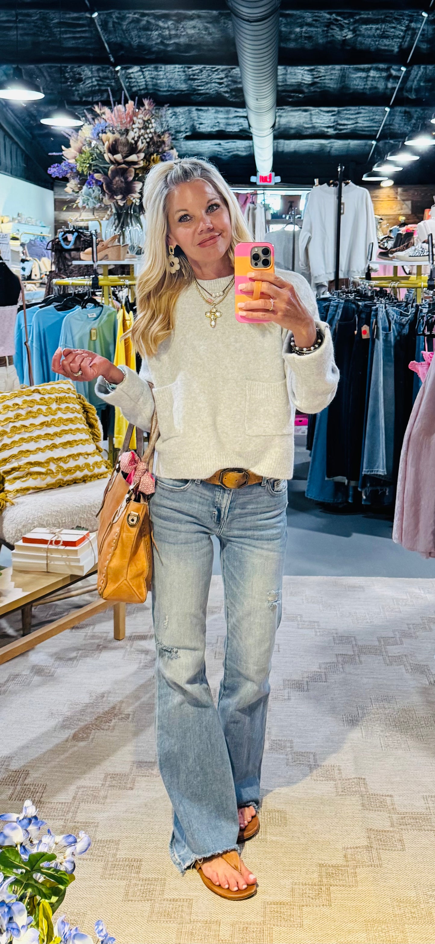 Crew Neck Knit Pullover Sweater with Front Pockets