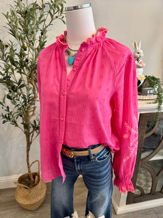Hot Pink L/S Textured Cotton Voile Top
