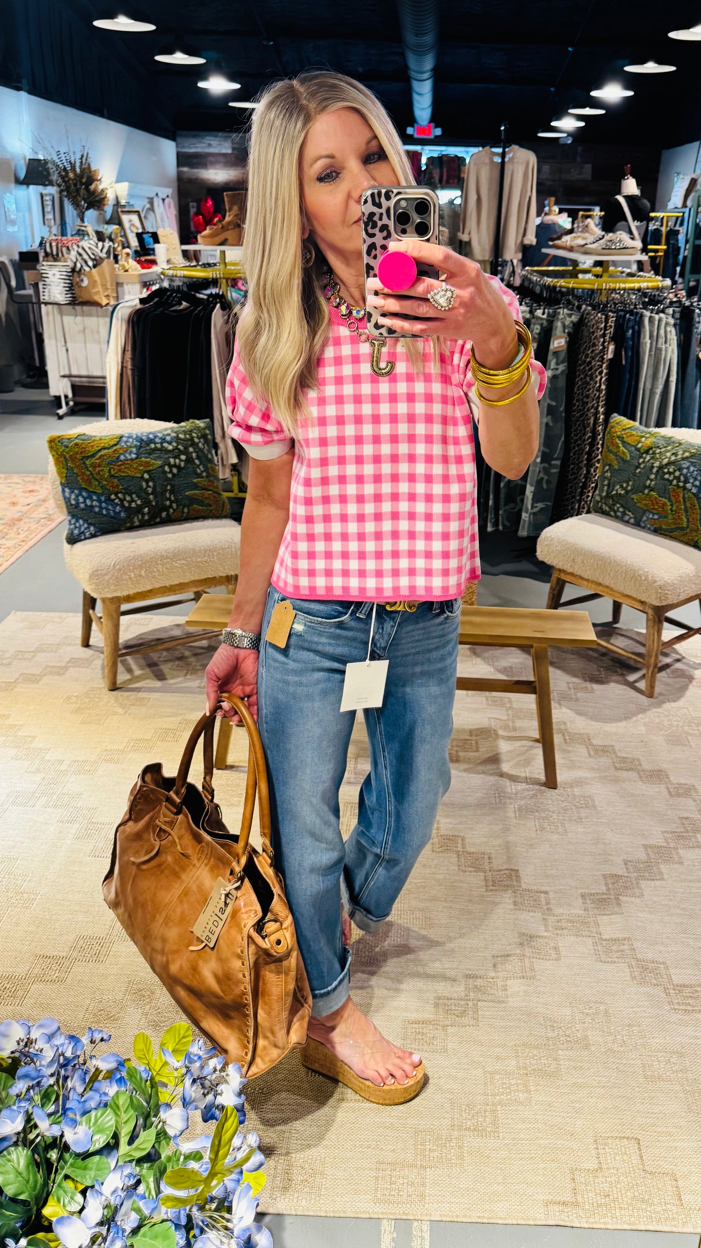Pink Plaid Short Sleeve Sweater