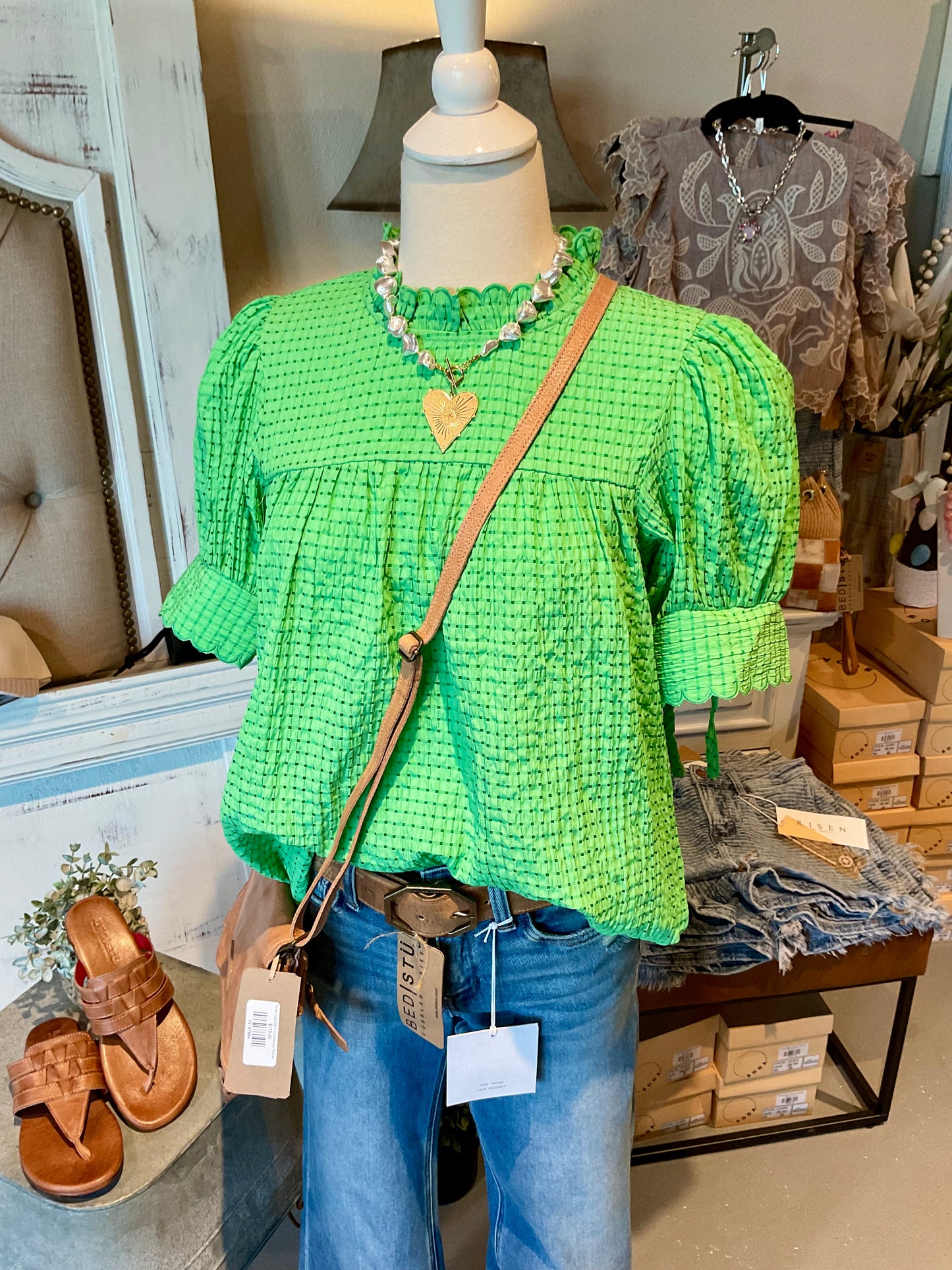 Green Seersucker Top with Tie Sleeve Detail
