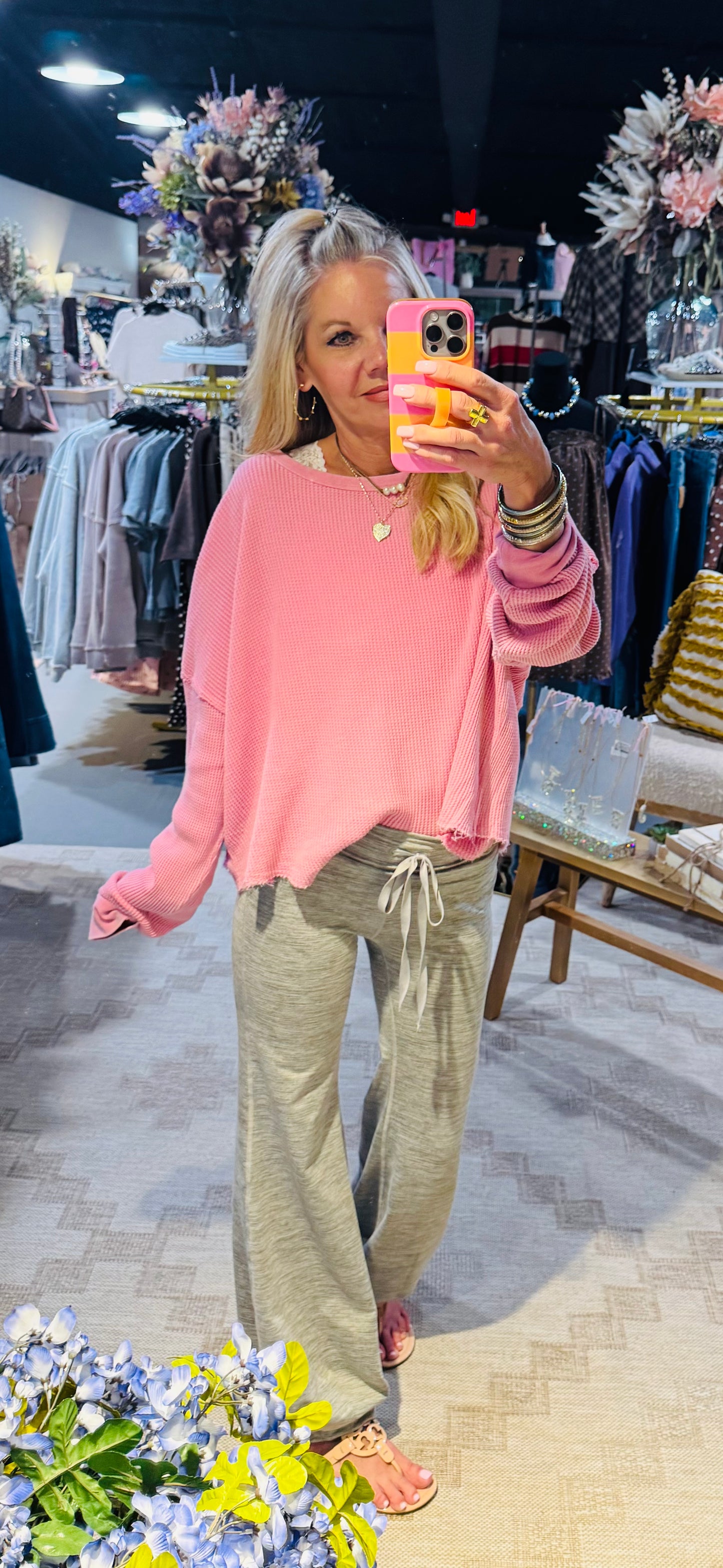 Pink Mineral Wash Waffle Oversized Top