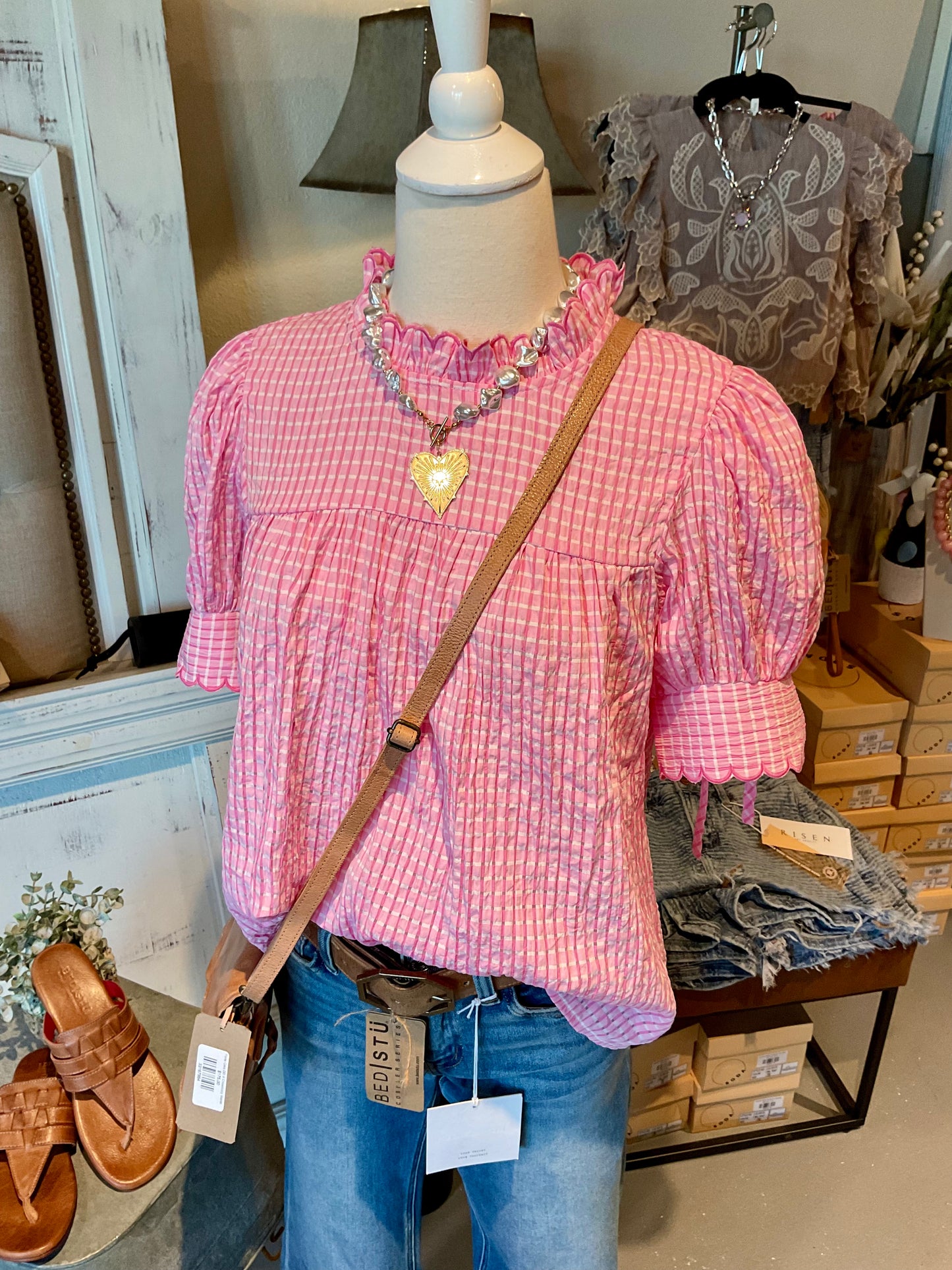 Bubble Pink Seersucker Top with Tie Sleeve Detail