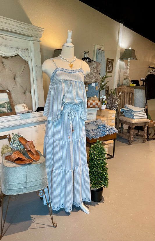 Blue Seersucker Maxi Skirt