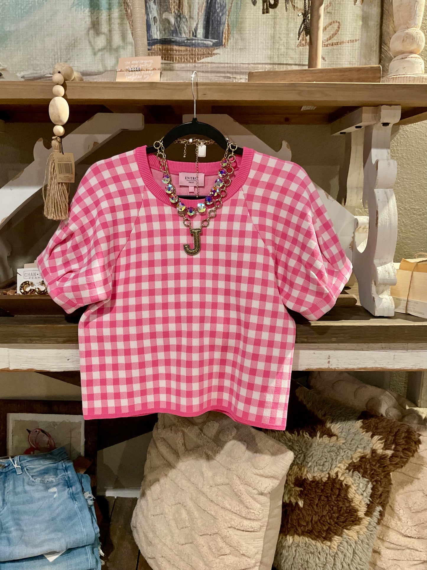 Pink Plaid Short Sleeve Sweater
