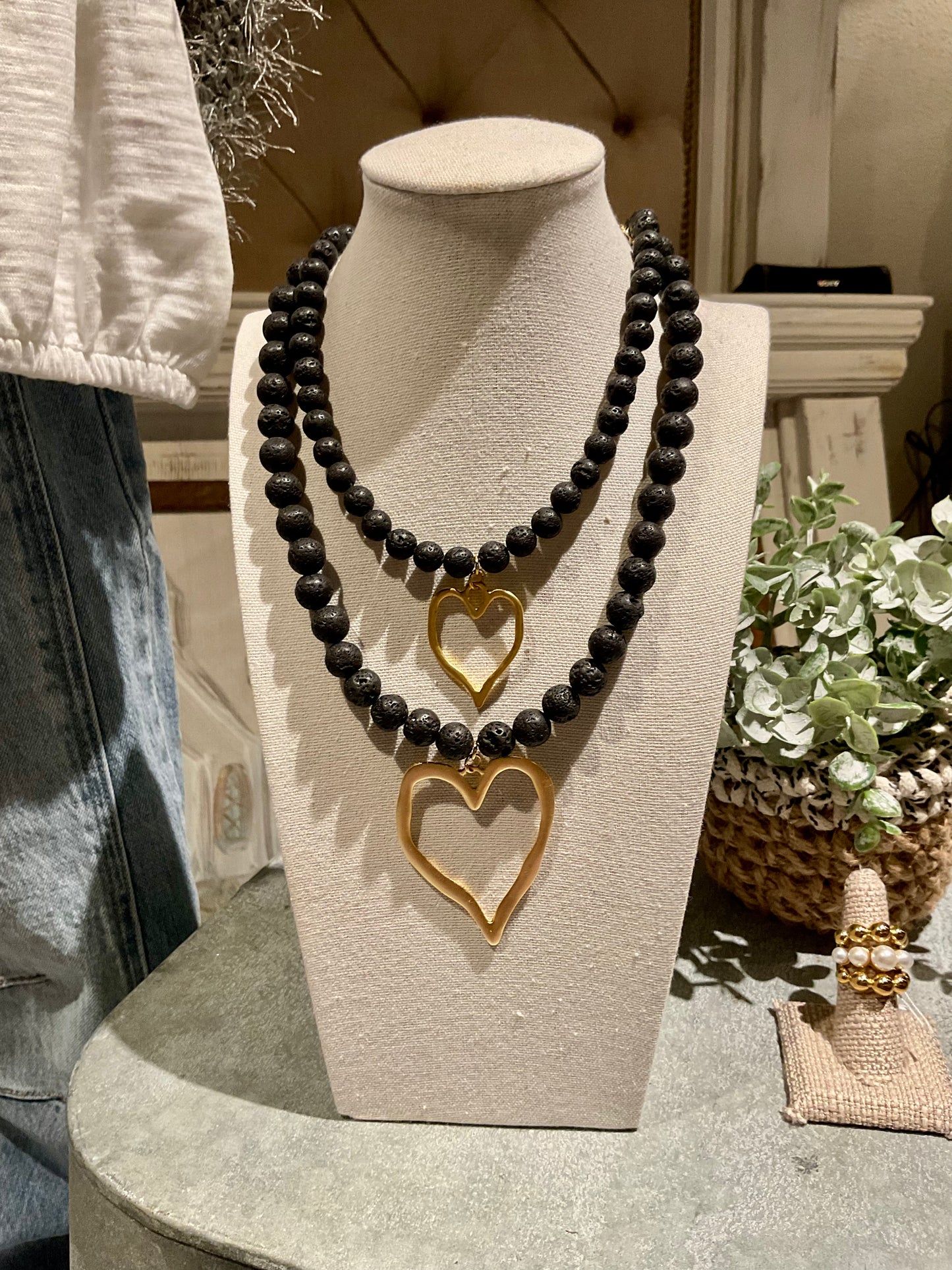 Lava 8mm Gemstone Necklace with Gold Heart