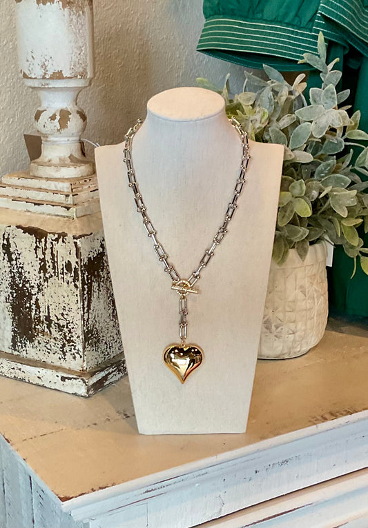GM02 Silver with Gold Heart Lariat Necklace