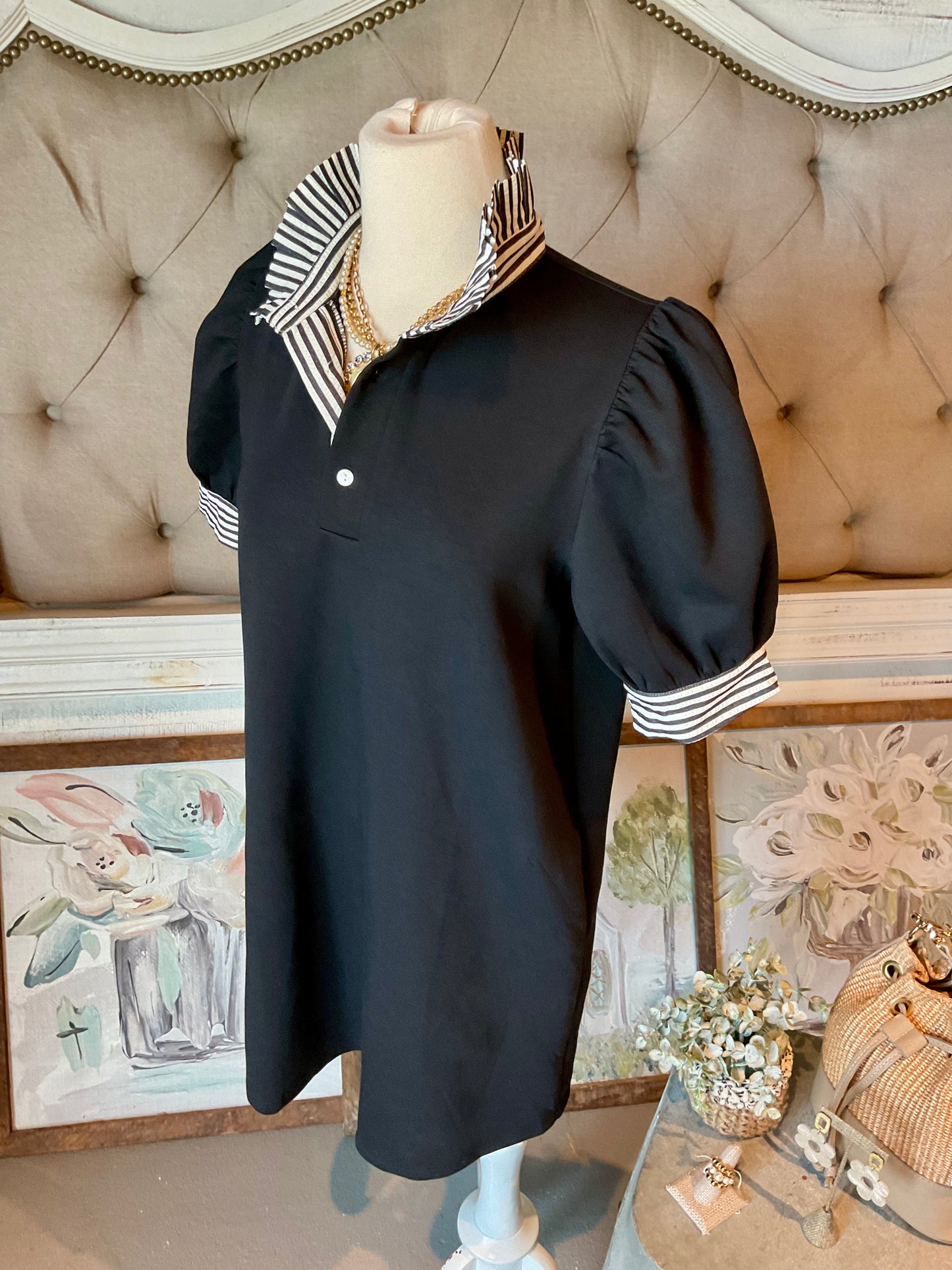 EN36 Black Pullover Polo Dress with Contrasting Ruffle Neck and Sleeve Band