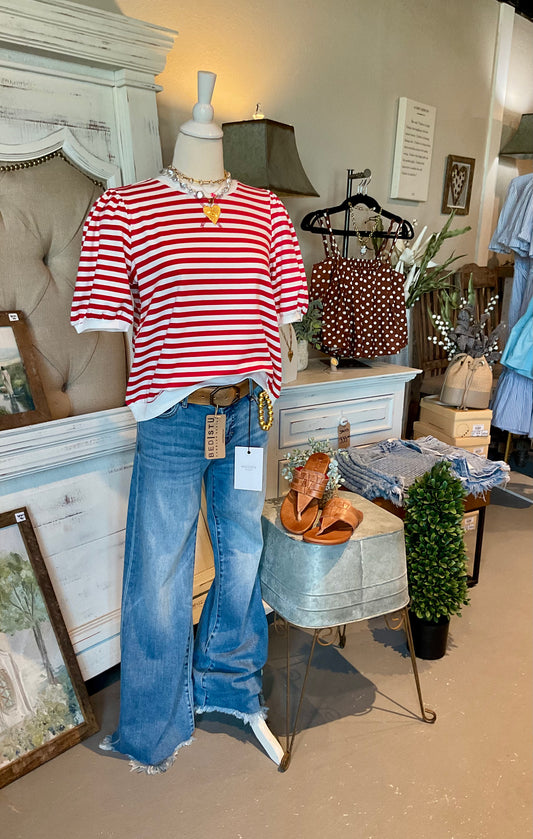Red & White Striped Puff Sleeve Top
