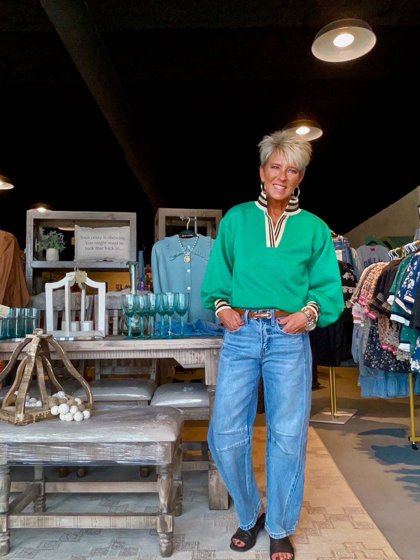 Kelly Green Color Rib Band Accent Textured Top