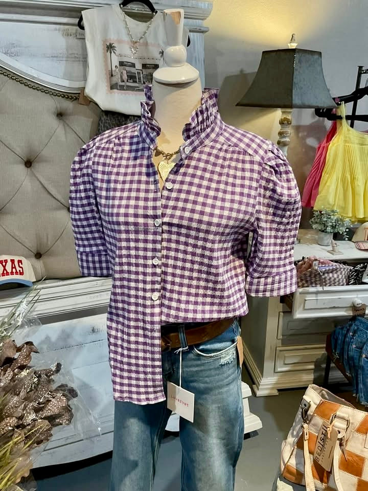 Purple Gingham Ruffle Collar Puff Sleeve Shirt