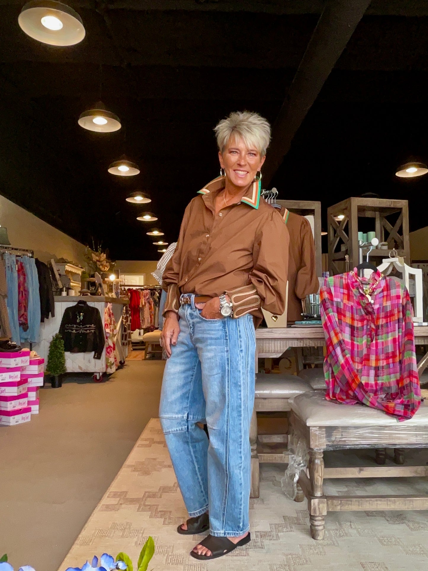 Brown Multi Trim Button down Top