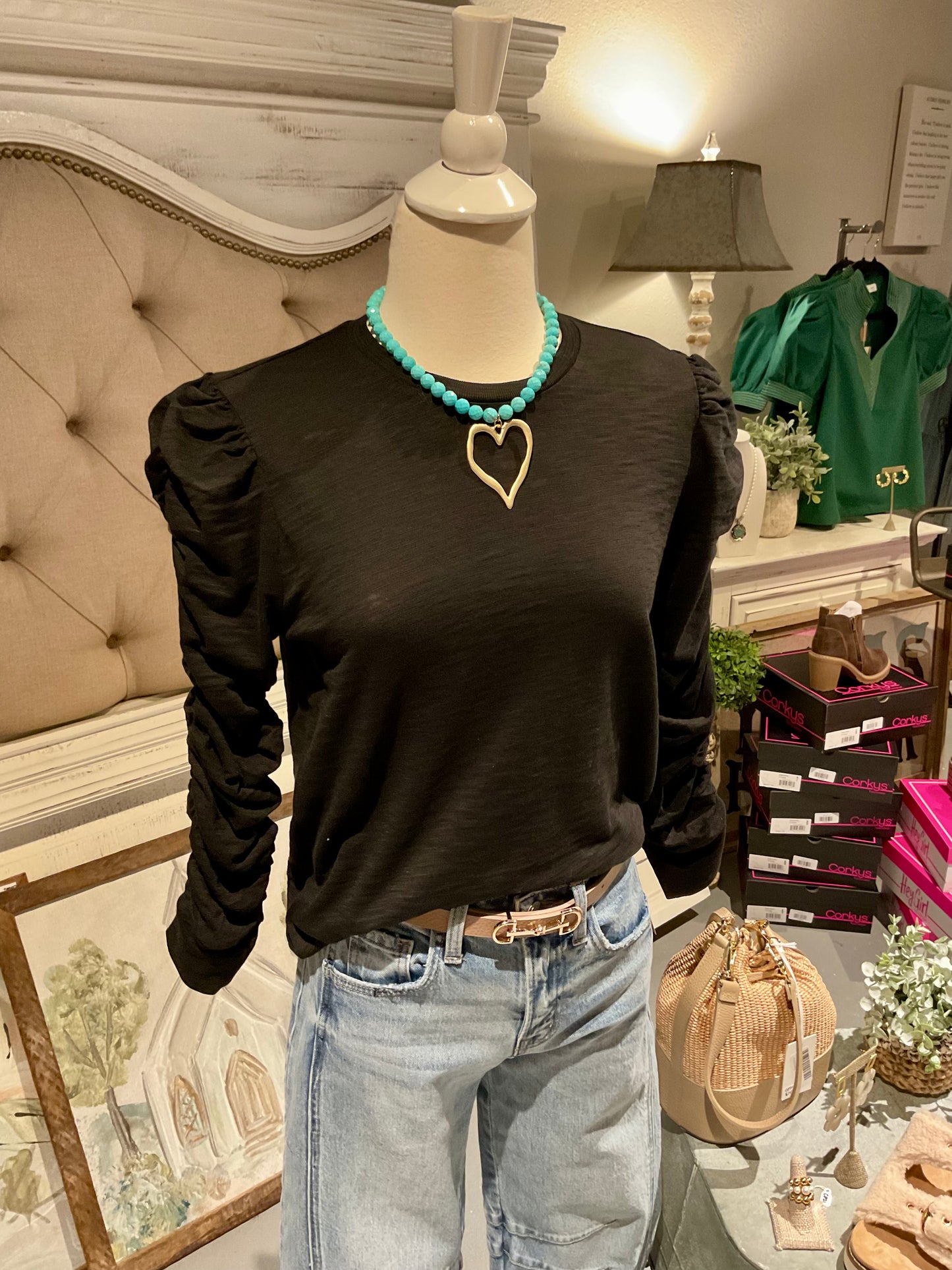 Black Ruched Long Sleeve Tee