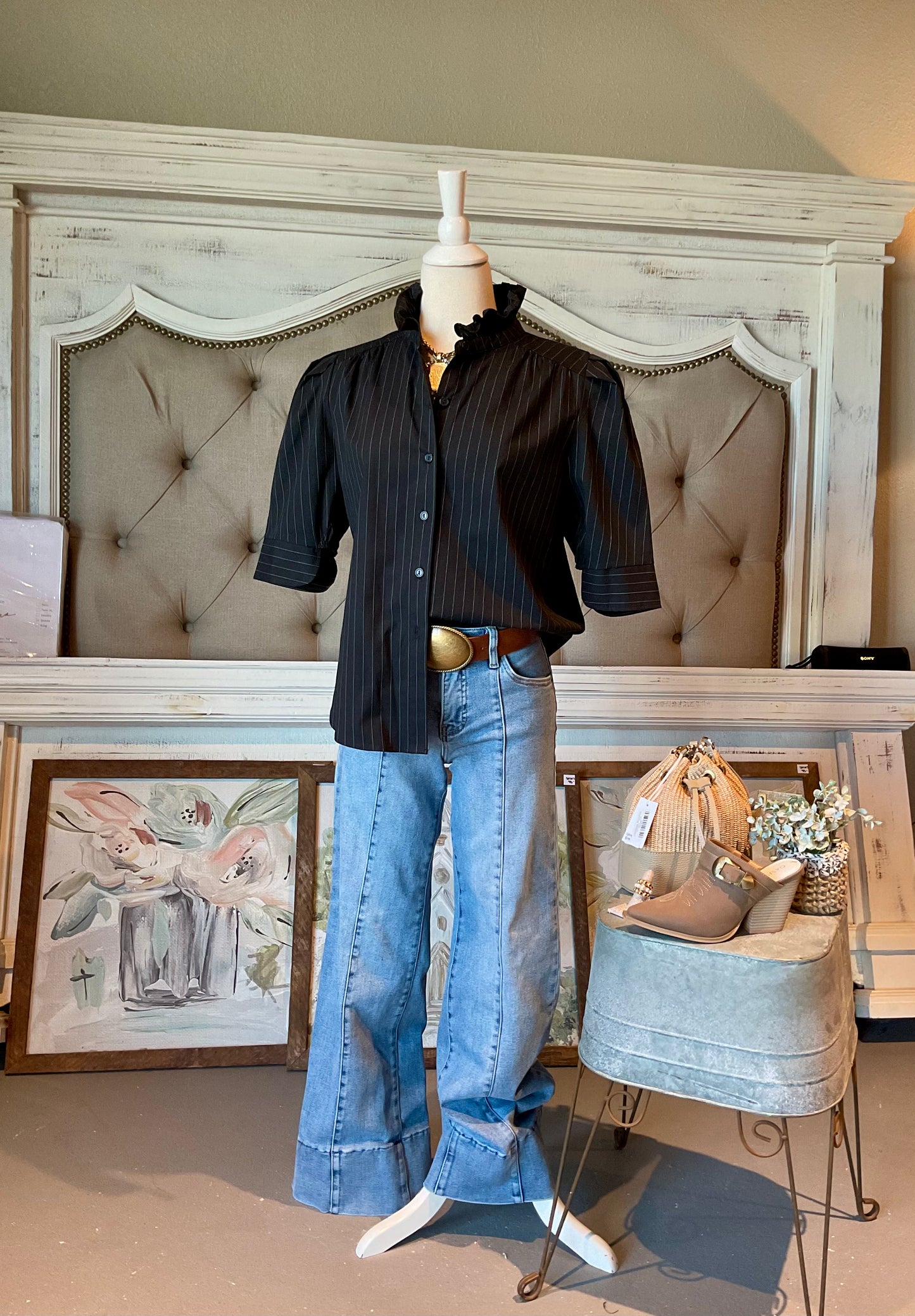 Black Pinstripe Ruffle Collar Puff Sleeve Shirt