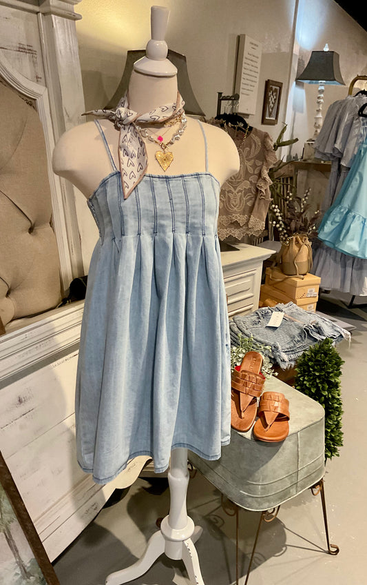 Pleated Denim Mini Dress w/ Adjustable Straps