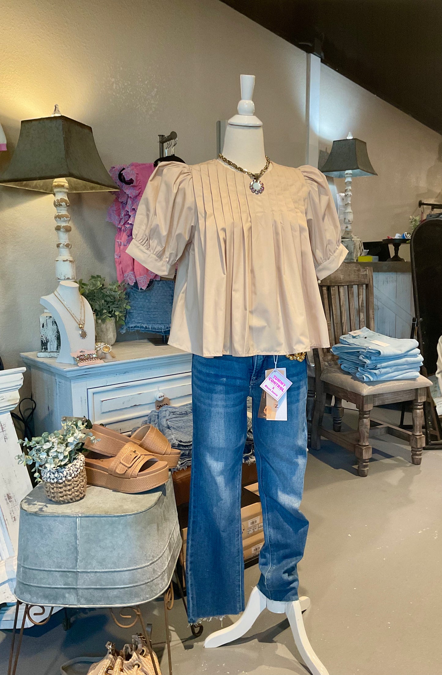 Ecru Short Sleeve Pin-tuck Top