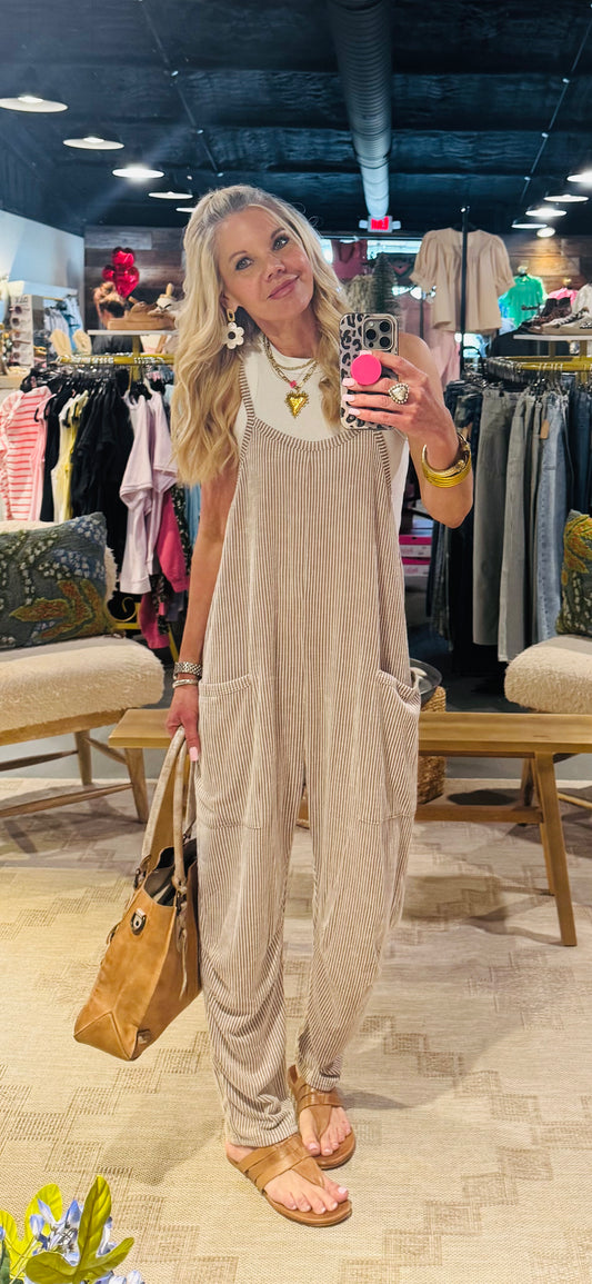 Wave Ribbed Sleeveless Jumpsuit with Pockets