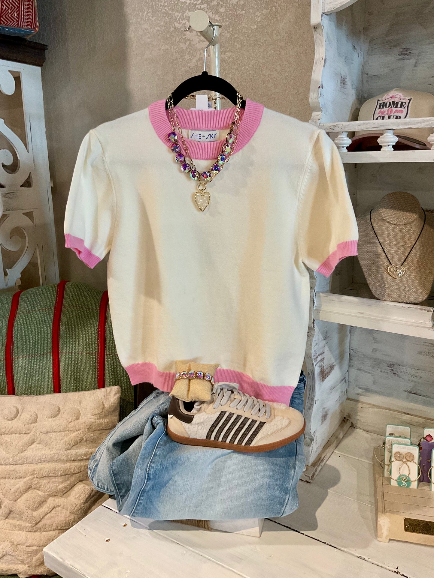 Cream with Pink Trim Short Sleeve Color Block
Sweater Top