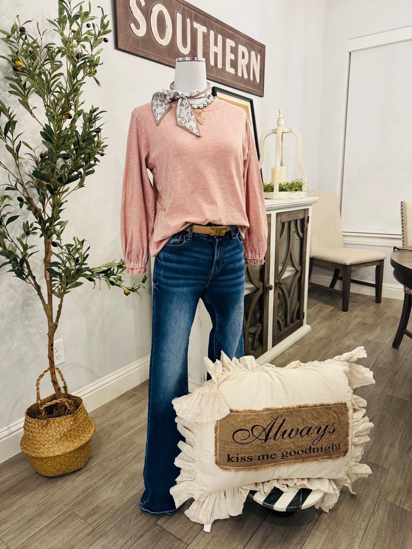 3/4 Sleeve Mineral Washed Cotton Slub Top in Vintage Rose