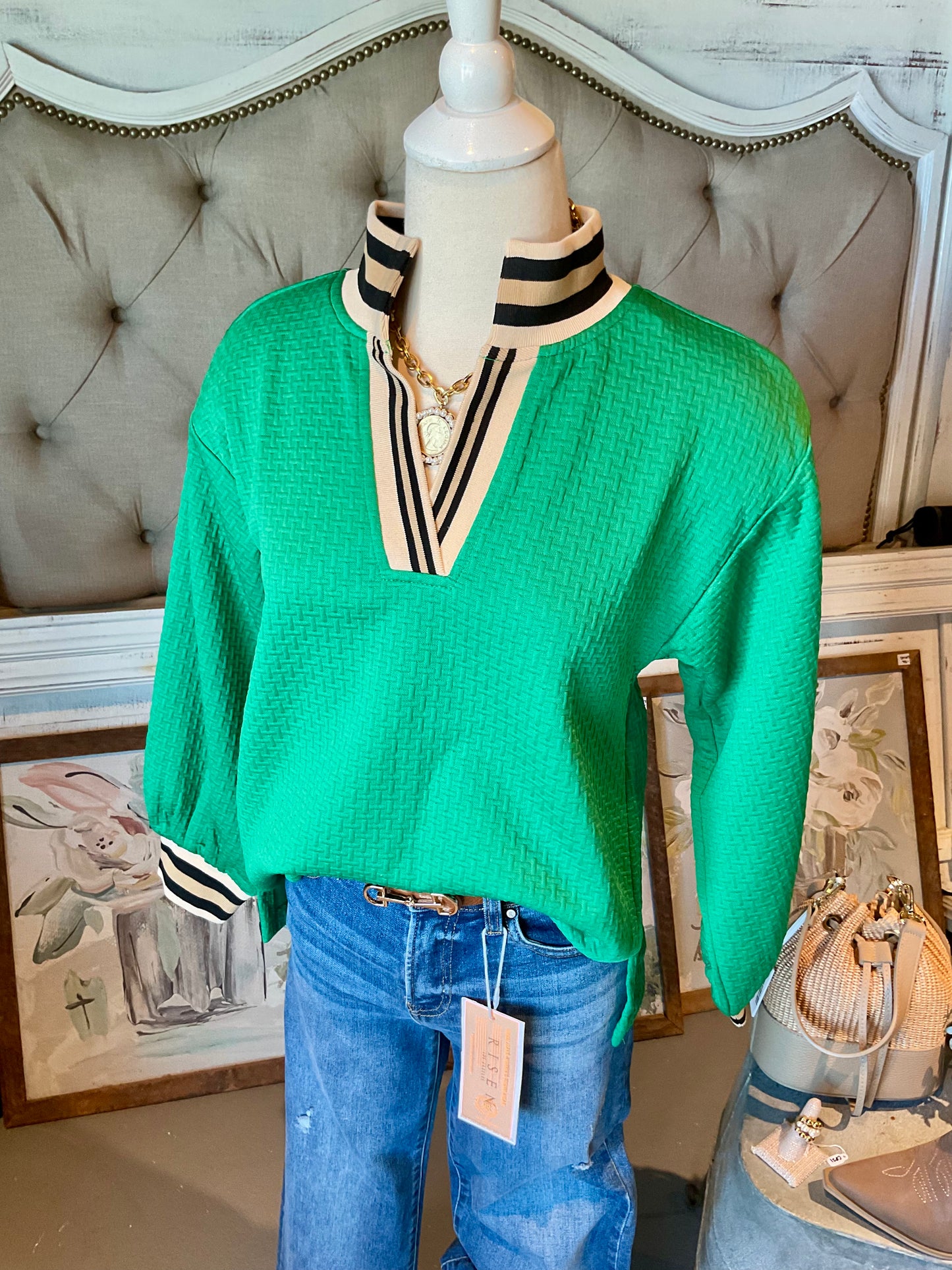 Kelly Green Color Rib Band Accent Textured Top