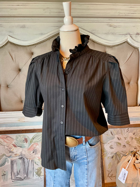 Black Pinstripe Ruffle Collar Puff Sleeve Shirt