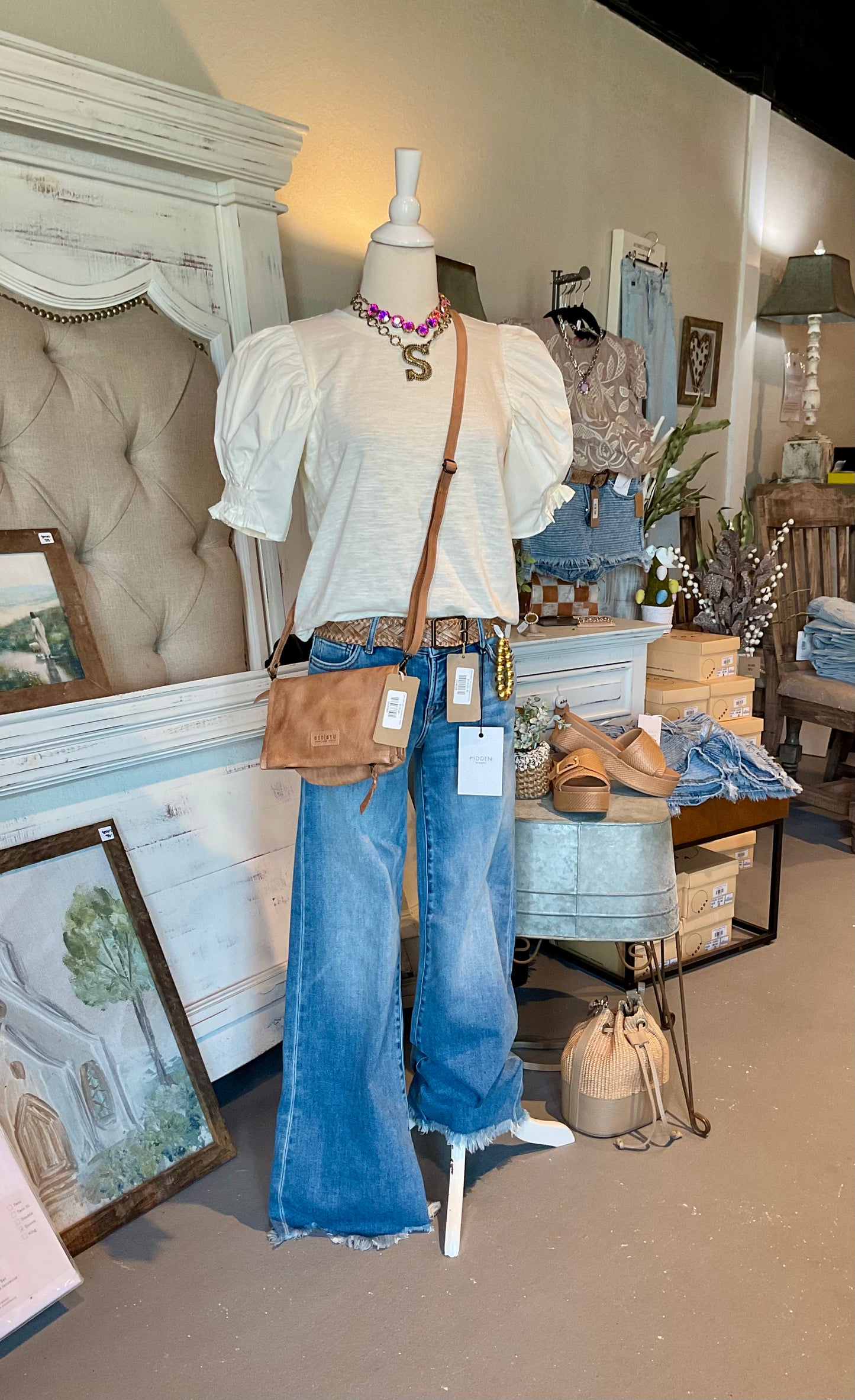Dear John Mixed Media Puff Sleeve Top in Off White