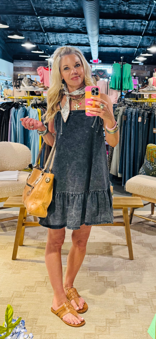 Denim Dropped Waist Dress with Bows and Adjustable Straps