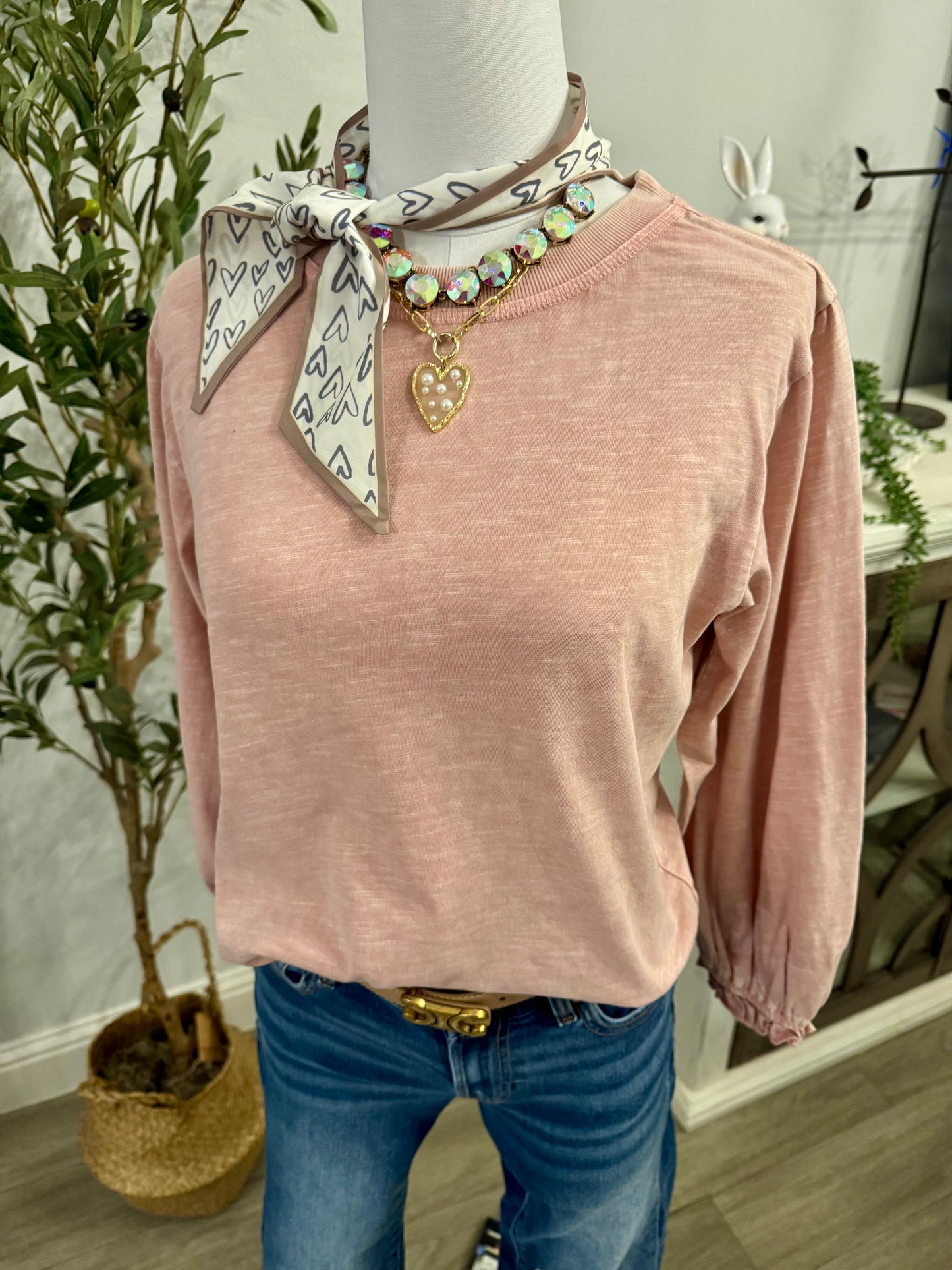 3/4 Sleeve Mineral Washed Cotton Slub Top in Vintage Rose