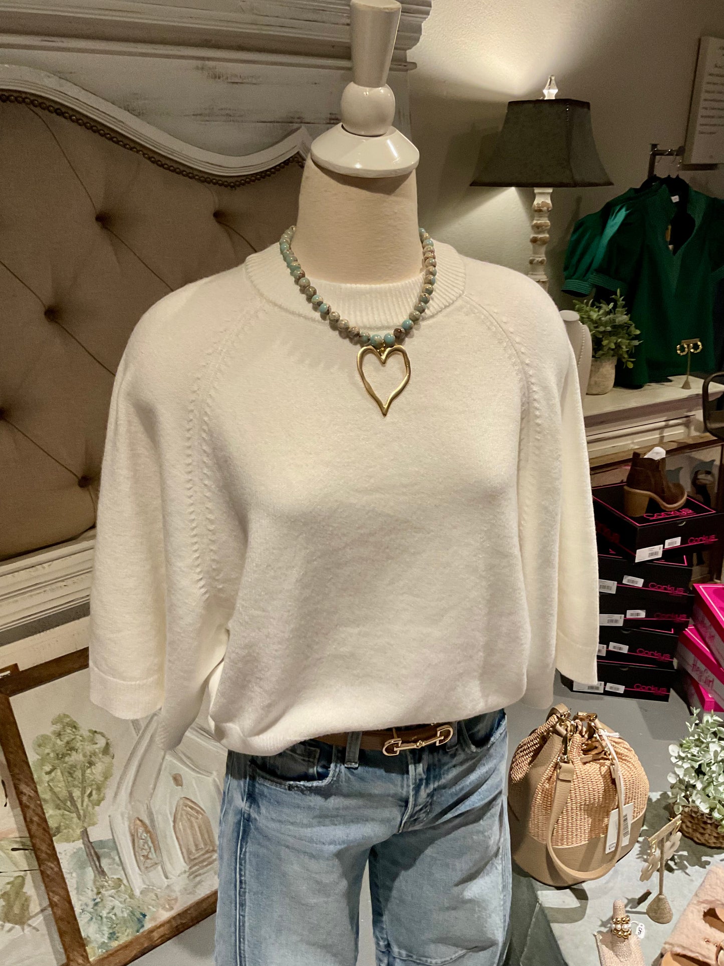 Cream Wide Raglan Sleeve Crew Neck Sweater