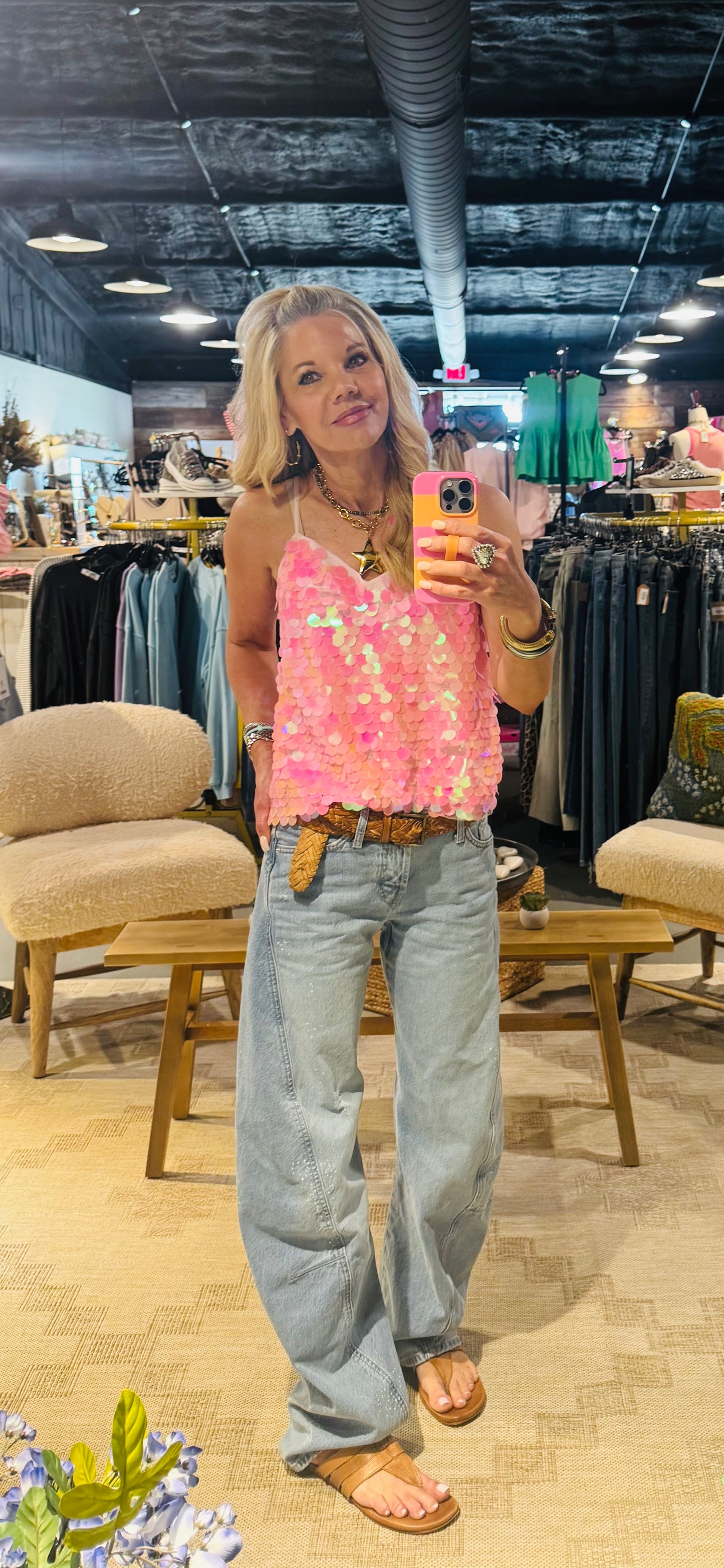 Pink Sequin Cami Top with Adjustable Straps