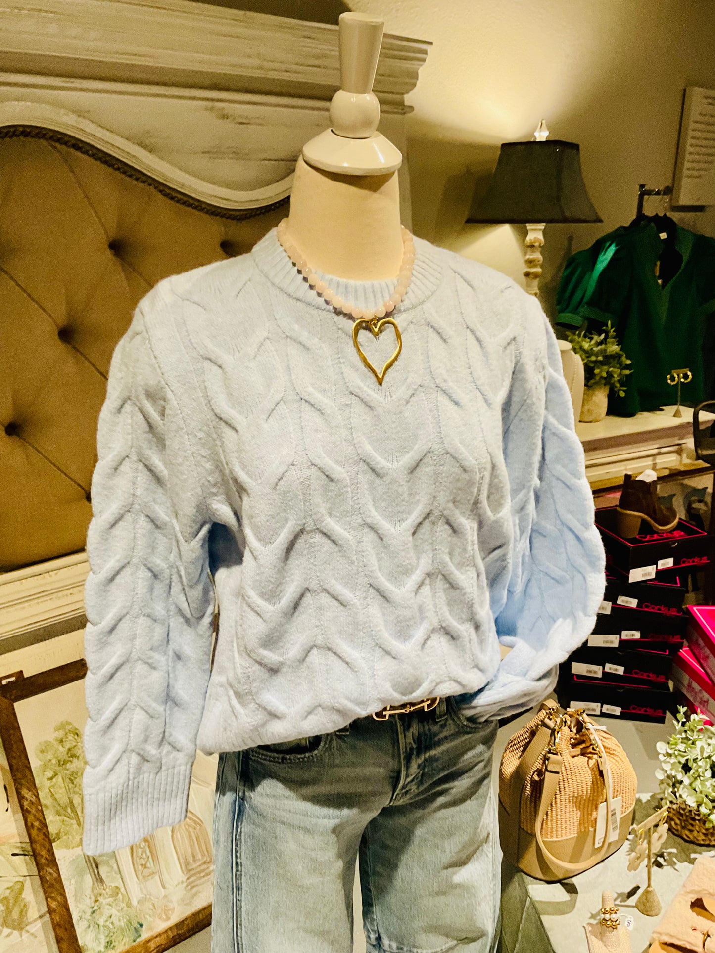 Baby Blue Cable Knit Crew Neck Sweater