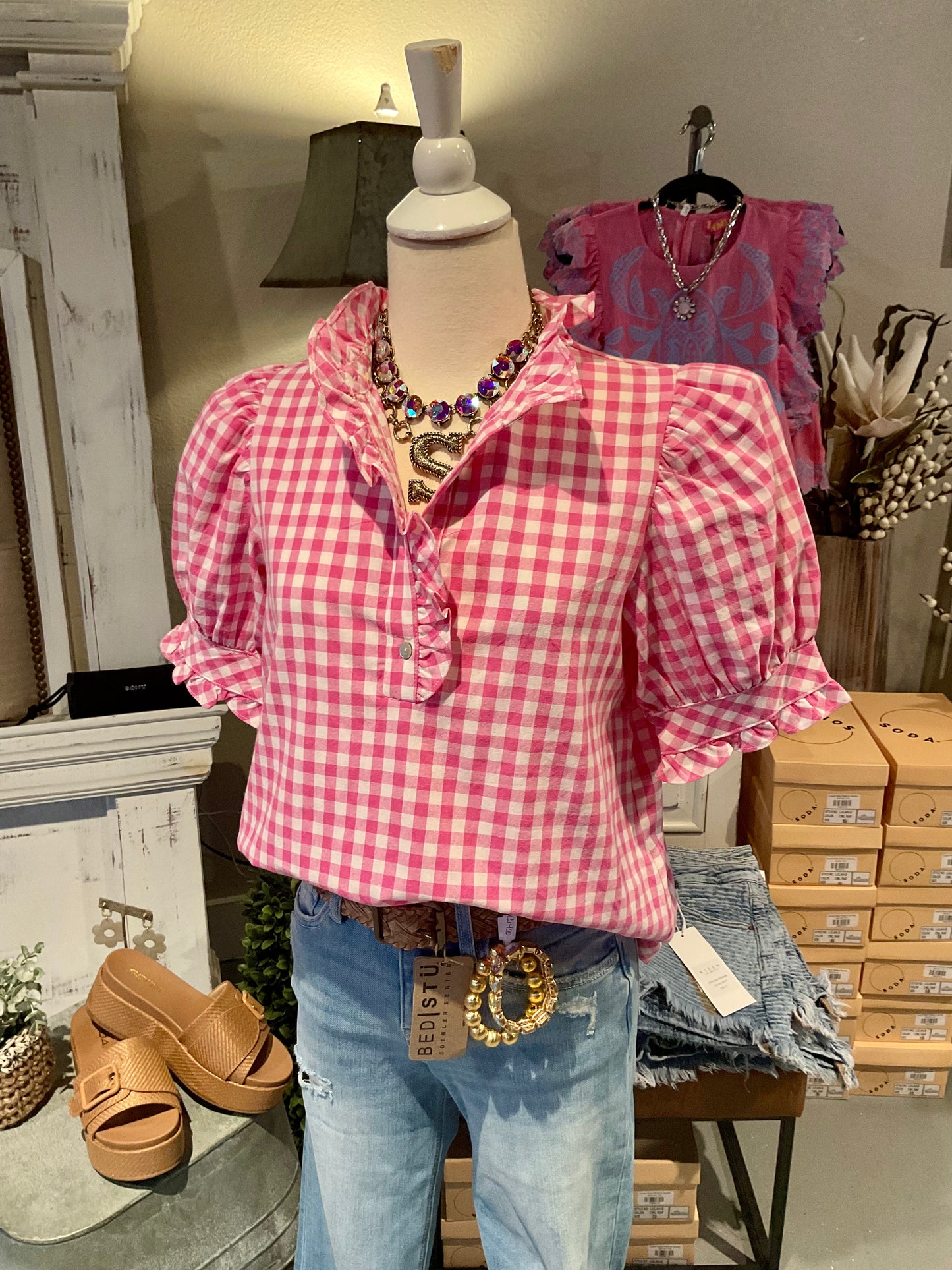Pink Gingham Short Puff Sleeved Top