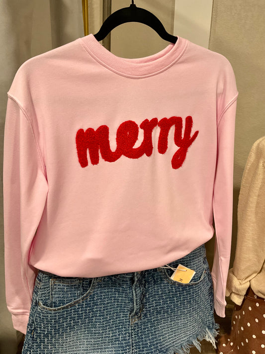 Pink Red Merry Chenille Lightweight Sweatshirt