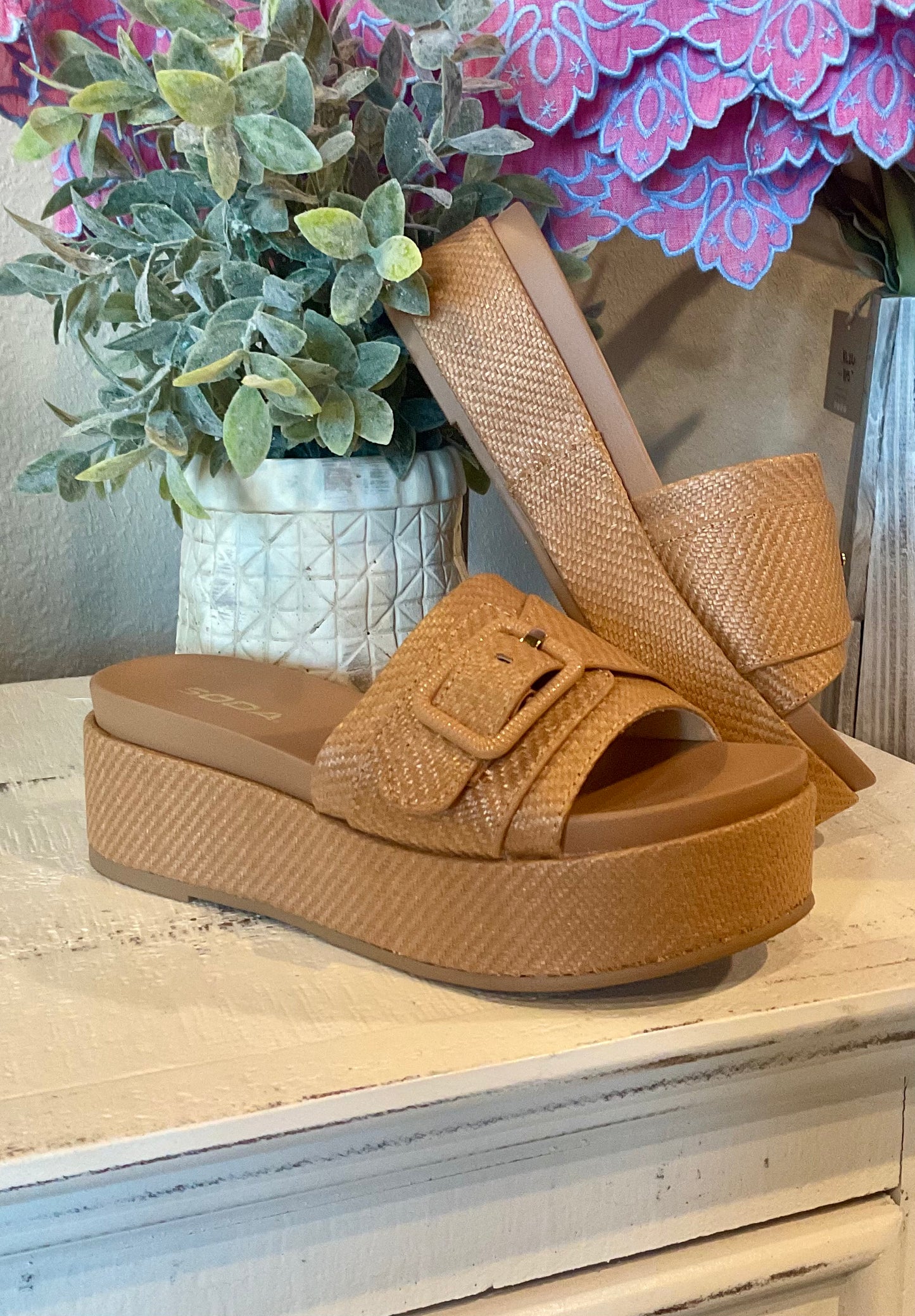 Camel Rafia Platform Sandal