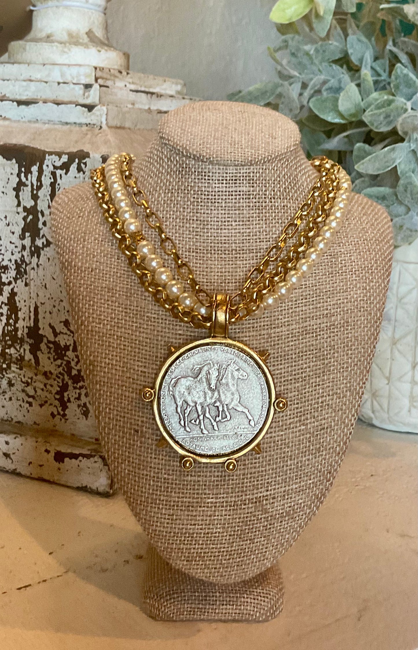 YO01 Gold and Silver Horse Coin Necklace with Pear and Silver Chain