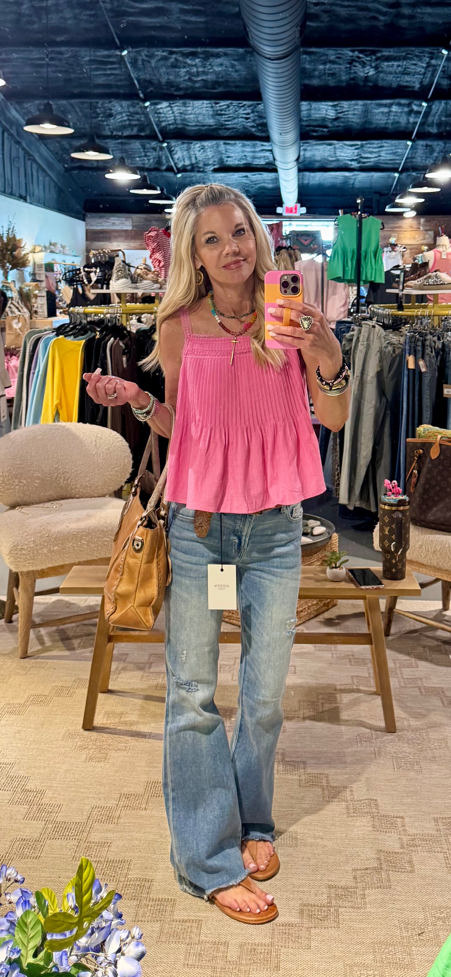 Pink Sleeveless Pintuck Cami Top w/ Lace Detail