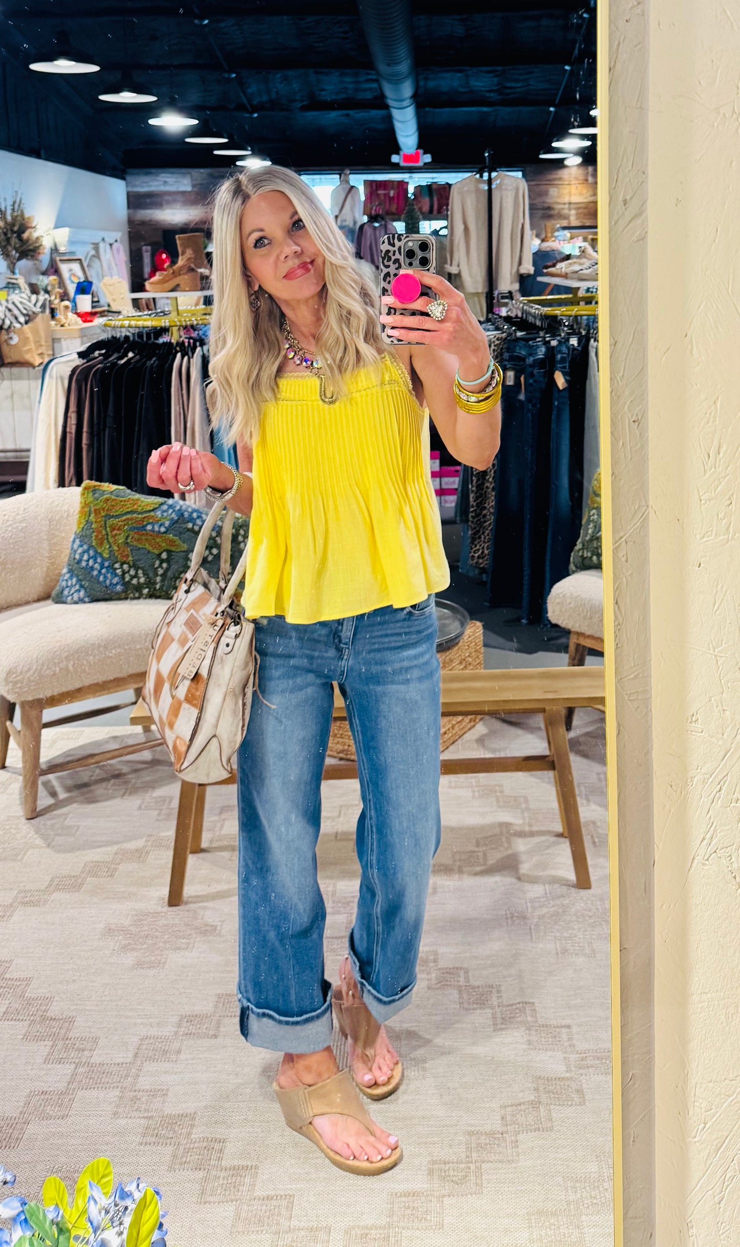 Yellow Sleeveless Pintuck Cami Top w/ Lace Detail