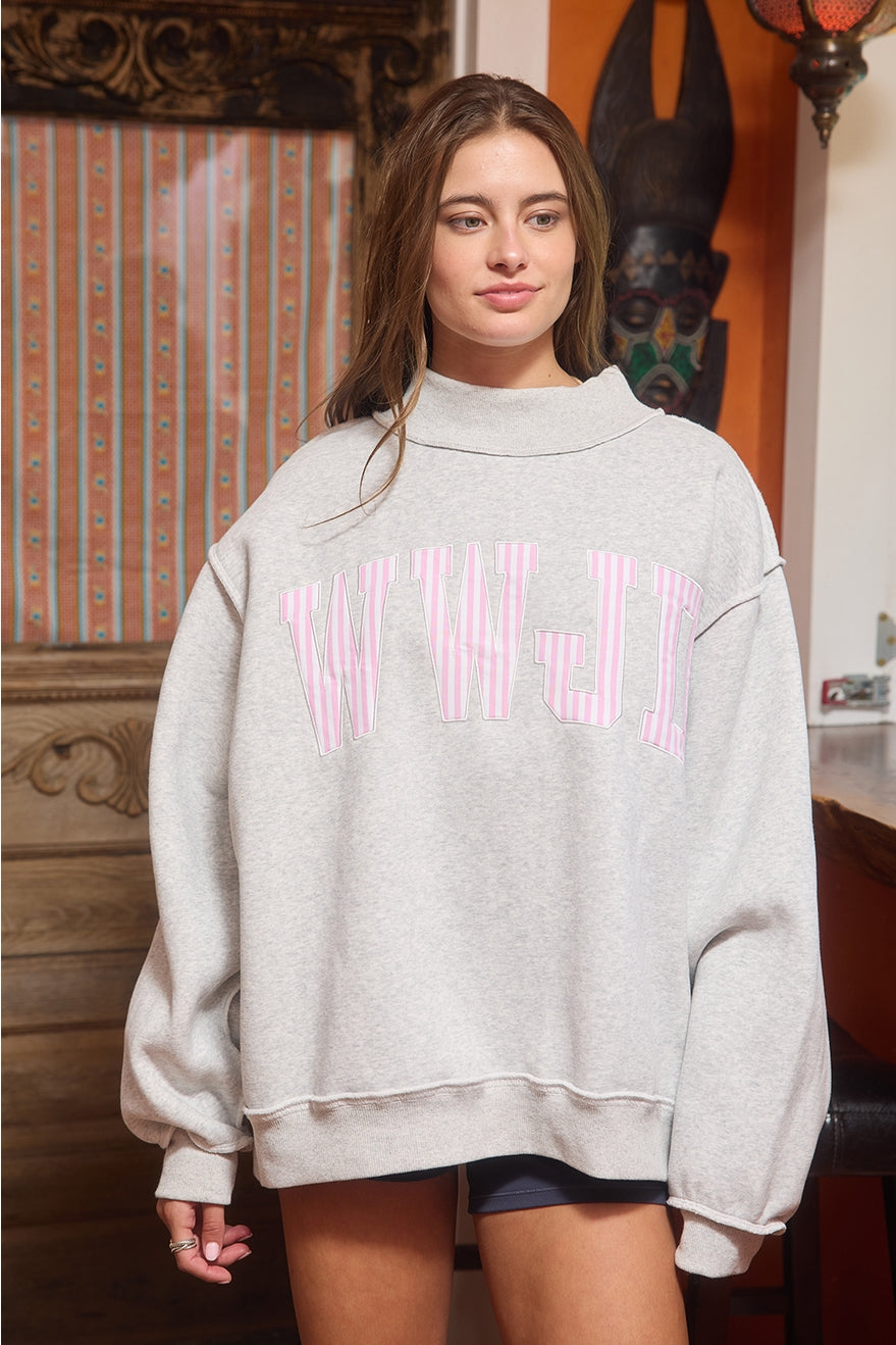 WWJD Striped Embroidered Mock Neck