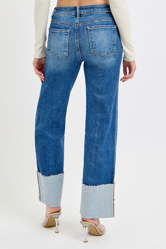 High Rise Wide Ankle Cuff Jeans