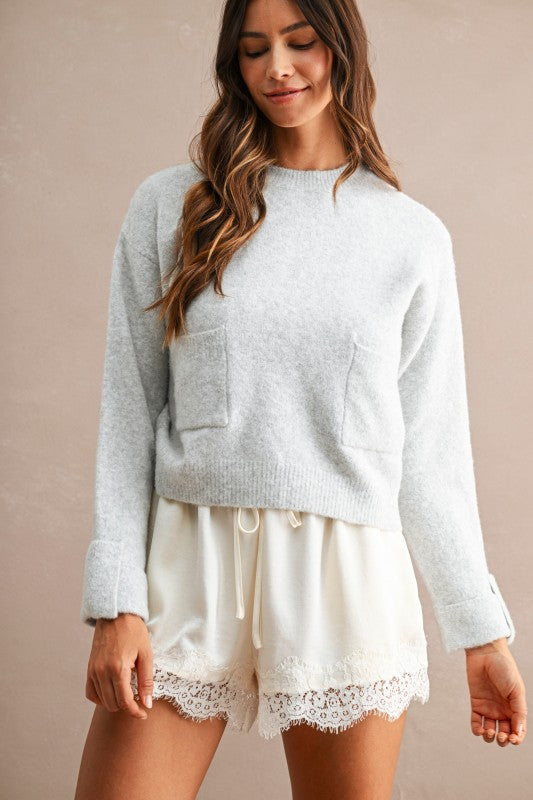 Crew Neck Knit Pullover Sweater with Front Pockets