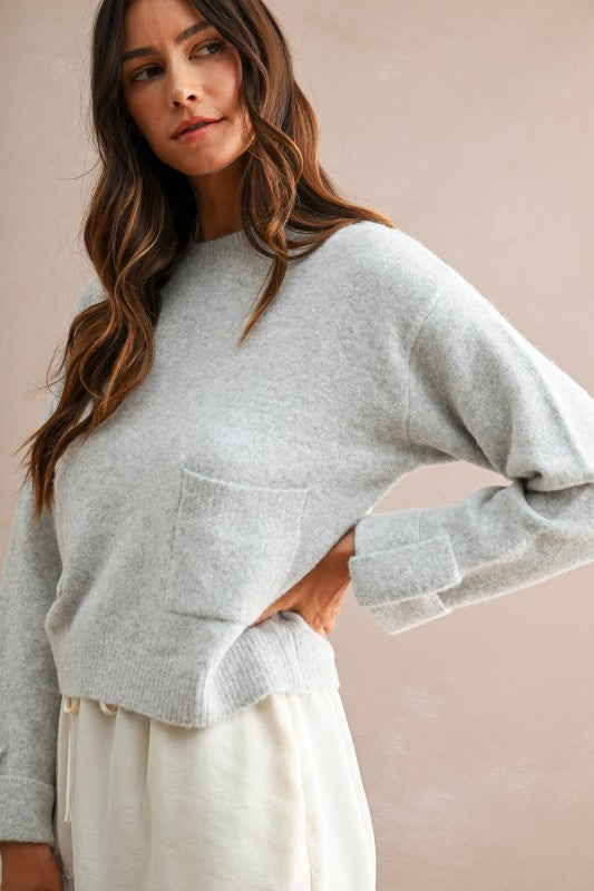 Crew Neck Knit Pullover Sweater with Front Pockets